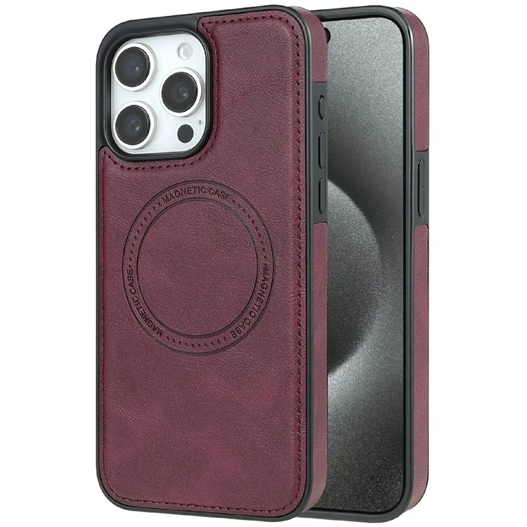CSJ-P3 Custodia per iPhone 15 Pro compatibile con MagSafe Copertura posteriore in PC+TPU+pelle - Rosso vino