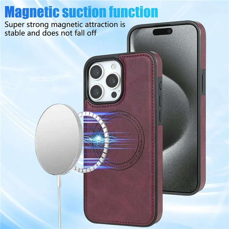 CSJ-P3 Custodia per iPhone 15 Pro compatibile con MagSafe Copertura posteriore in PC+TPU+pelle - Rosso vino
