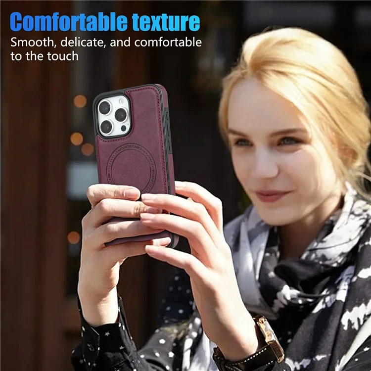 CSJ-P3 Custodia per iPhone 15 Pro compatibile con MagSafe Copertura posteriore in PC+TPU+pelle - Rosso vino