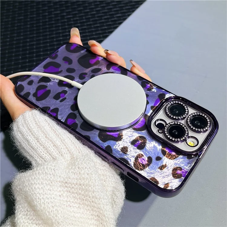 Capa para iPhone 16 Pro Max compatível com MagSafe, cobertura de telefone à prova de choque com epóxi, estampa de leopardo - Roxo