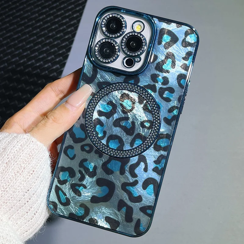 For iPhone 15 Pro Case Compatible with MagSafe Epoxy Shockproof Phone Cover Leopard Print - Blue