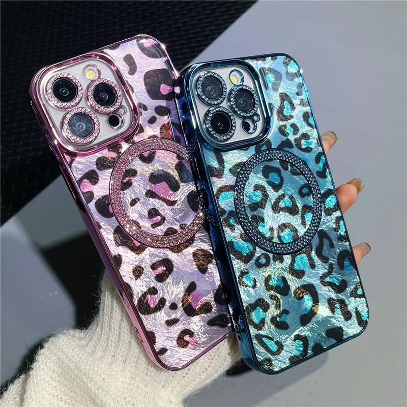 For iPhone 15 Pro Case Compatible with MagSafe Epoxy Shockproof Phone Cover Leopard Print - Blue