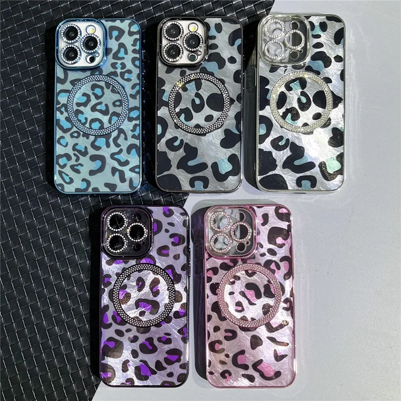 For iPhone 15 Pro Case Compatible with MagSafe Epoxy Shockproof Phone Cover Leopard Print - Blue