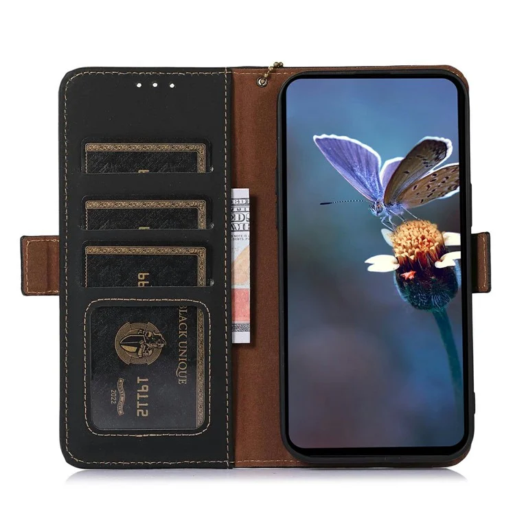 Funda de cartera antideslizante de cuero vacuno genuino con bloqueo RFID para Samsung Galaxy A56 5G - Negro