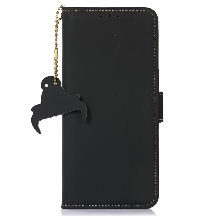 Funda de cartera antideslizante de cuero vacuno genuino con bloqueo RFID para Samsung Galaxy A56 5G - Negro