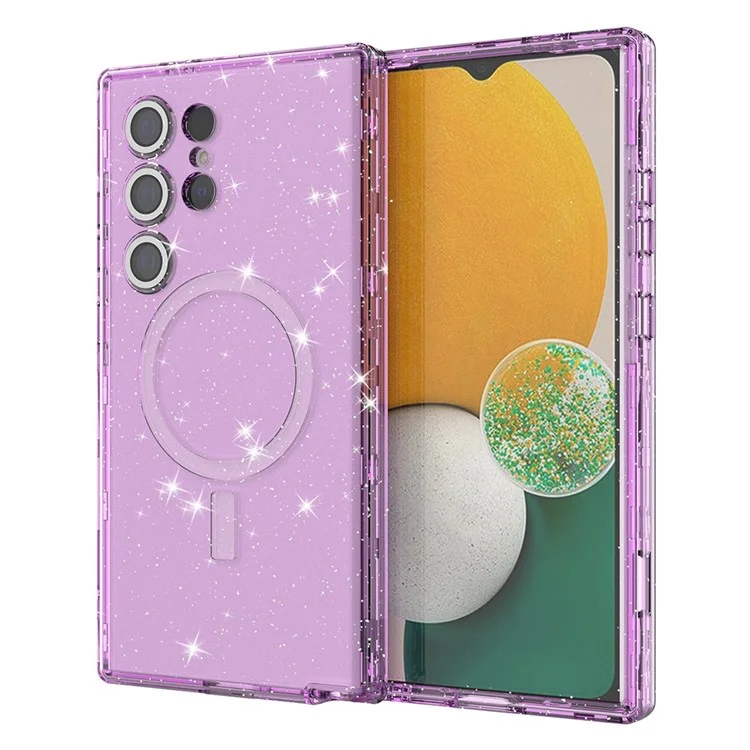 For Samsung Galaxy S23 Ultra Case Compatible with MagSafe Glitter Clear Phone Back Cover with Lens Film - Transparent Purple
