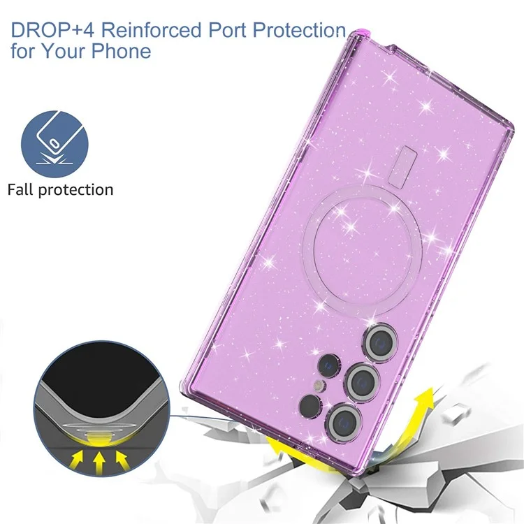 For Samsung Galaxy S23 Ultra Case Compatible with MagSafe Glitter Clear Phone Back Cover with Lens Film - Transparent Purple