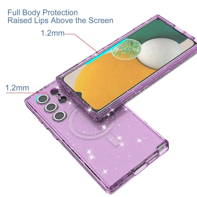 For Samsung Galaxy S23 Ultra Case Compatible with MagSafe Glitter Clear Phone Back Cover with Lens Film - Transparent Purple