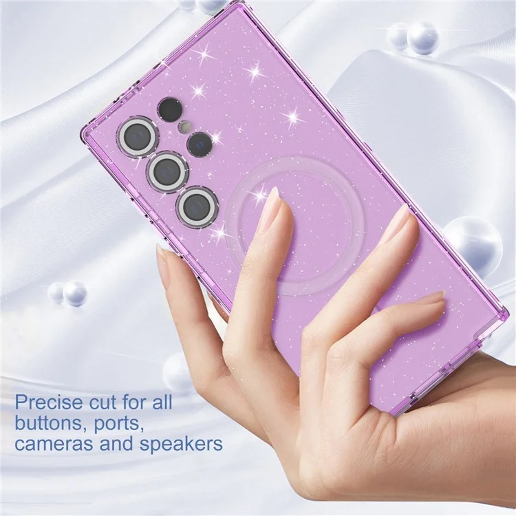 For Samsung Galaxy S23 Ultra Case Compatible with MagSafe Glitter Clear Phone Back Cover with Lens Film - Transparent Purple