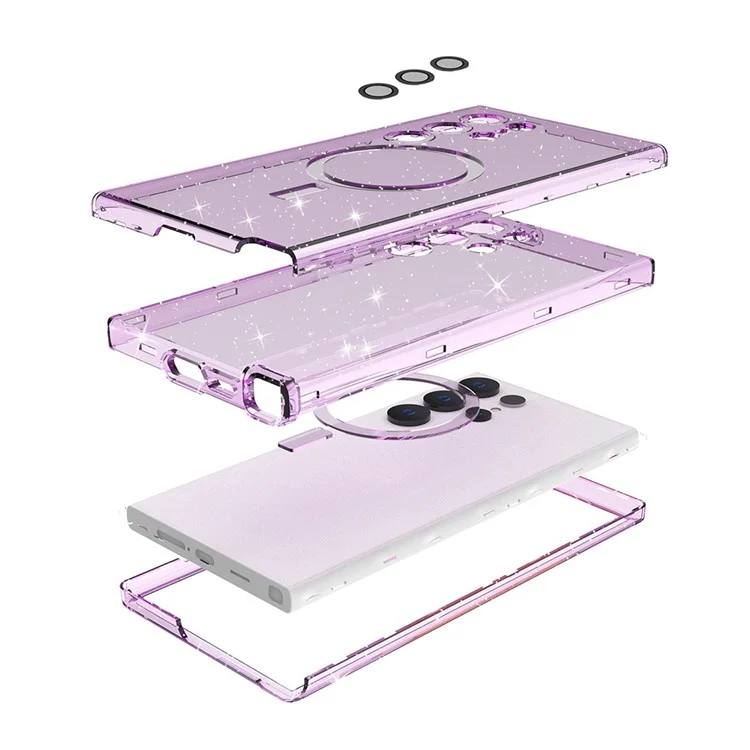 For Samsung Galaxy S23 Ultra Case Compatible with MagSafe Glitter Clear Phone Back Cover with Lens Film - Transparent Purple