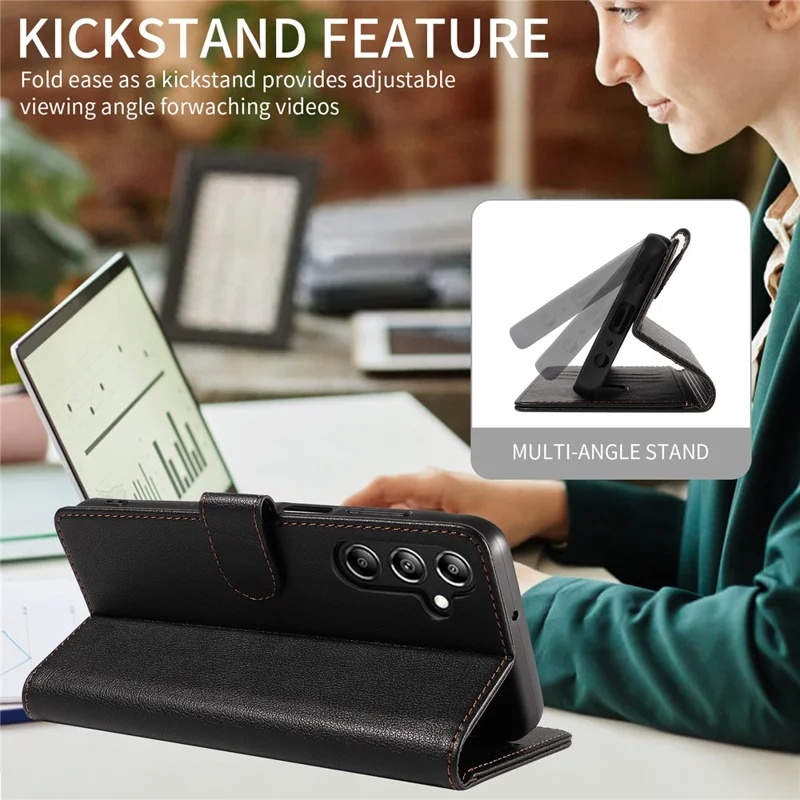 For Samsung Galaxy A36 5G Leather Case Litchi Texture RFID Blocking Wallet Stand Phone Cover - Black