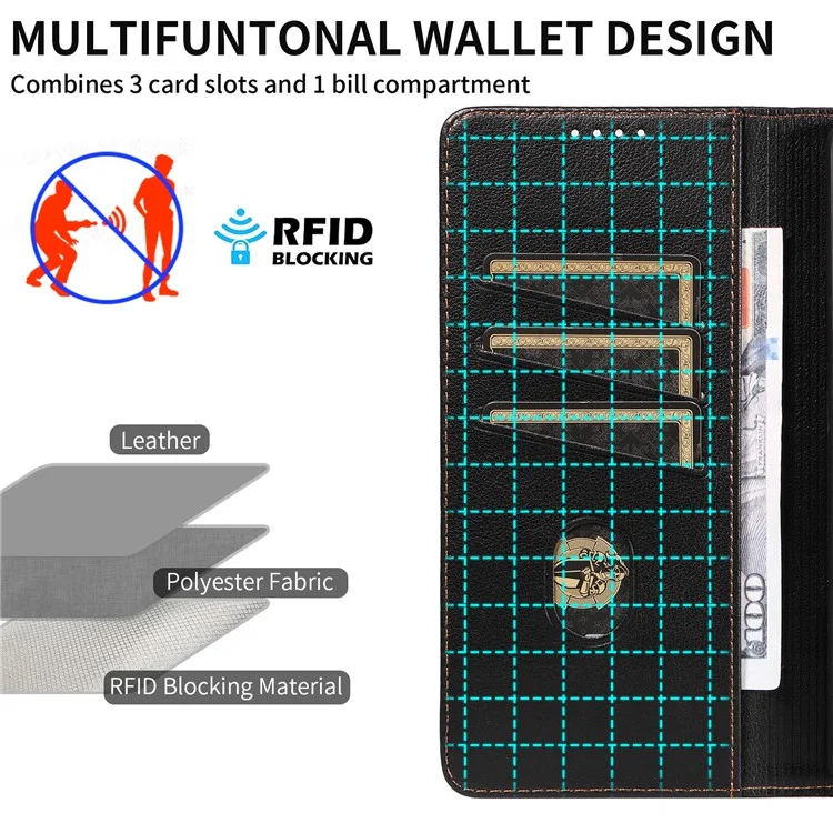 Custodia in pelle per Google Pixel 7 Pro 5G, con texture a litchi e blocco RFID, funzione stand - Nero