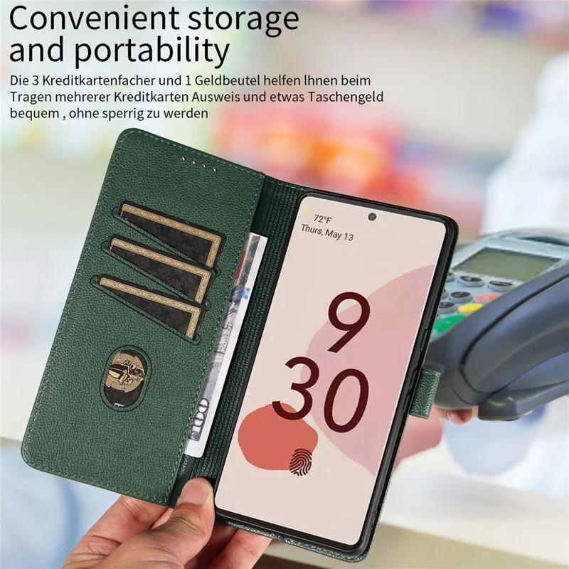 For Google Pixel 7 Pro 5G Leather Case Litchi Texture RFID Blocking Wallet Stand Phone Cover - Green