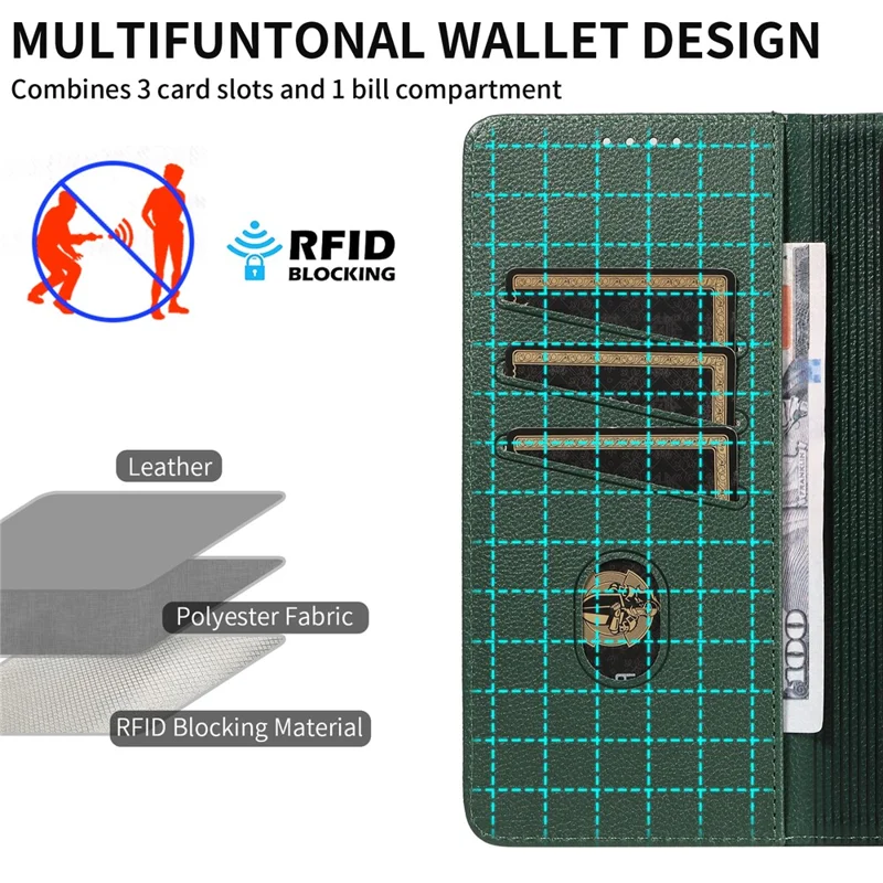 For Google Pixel 7 Pro 5G Leather Case Litchi Texture RFID Blocking Wallet Stand Phone Cover - Green