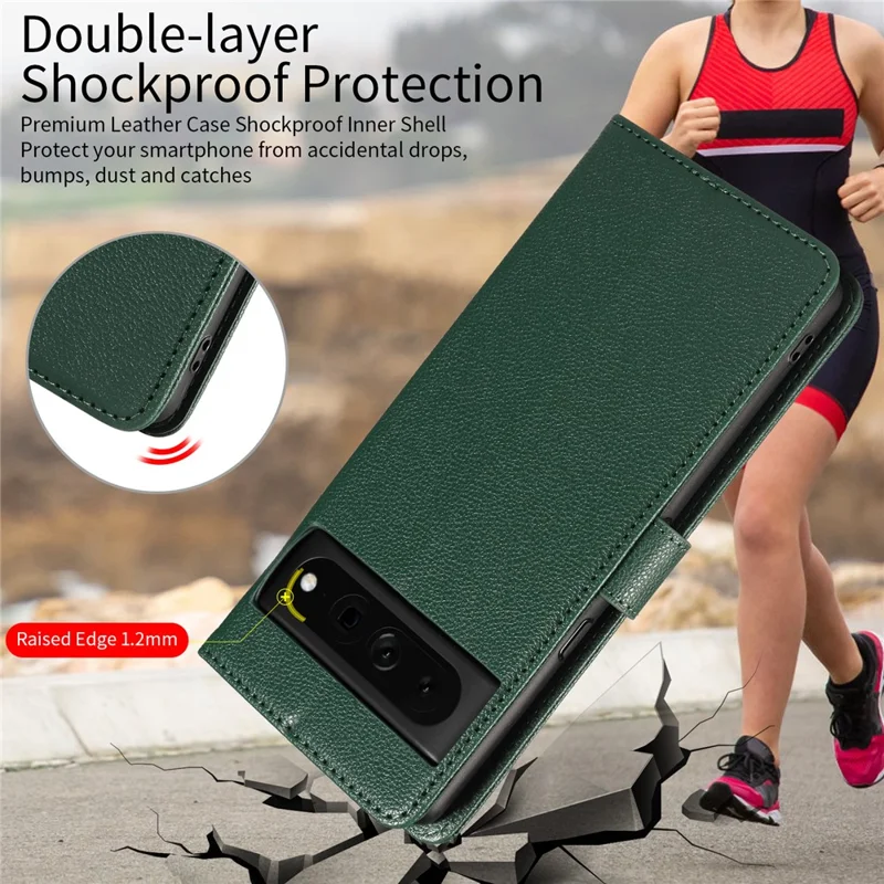 For Google Pixel 7 Pro 5G Leather Case Litchi Texture RFID Blocking Wallet Stand Phone Cover - Green