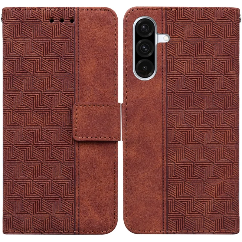 For Samsung Galaxy A17 5G / A17 4G / A26 5G Case Geometry Pattern Leather Wallet Phone Cover with Wrist Strap - Brown