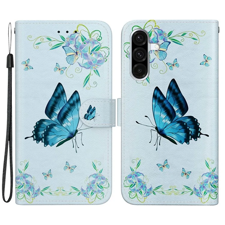 Capa carteira de couro à prova de queda com impressão de padrão para Samsung Galaxy A26 5G - Flor azul de borboleta