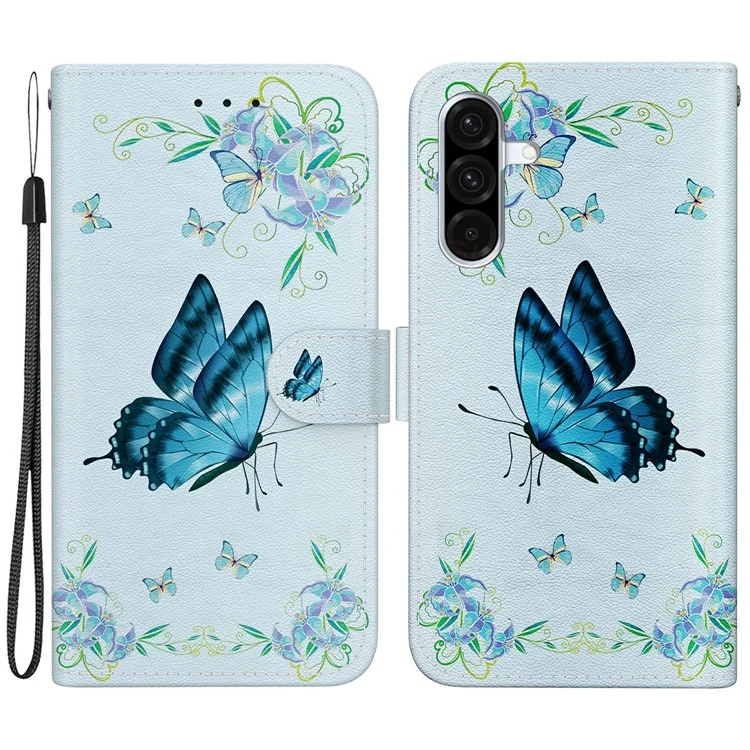 Étui portefeuille antichoc pour Samsung Galaxy A56 5G / A36 5G, couverture à rabat en cuir avec impression de motifs - Fleur de papillon bleue