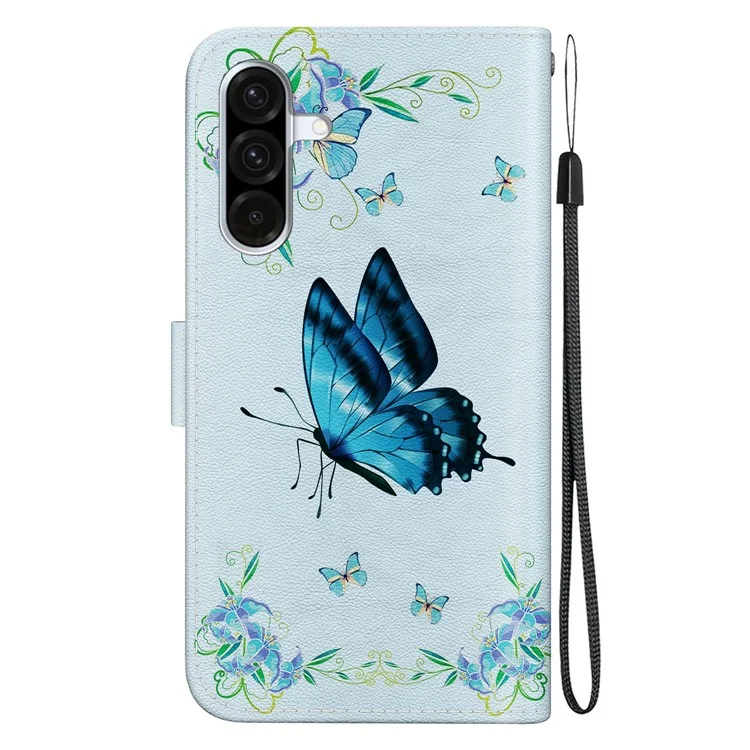 Étui portefeuille antichoc pour Samsung Galaxy A56 5G / A36 5G, couverture à rabat en cuir avec impression de motifs - Fleur de papillon bleue