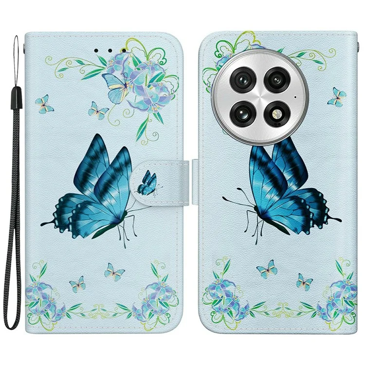 Für OnePlus 13 Wallet Phone Case Anti-Drop Leder Flip Cover Musterdrucken - Blauer Schmetterling Blume