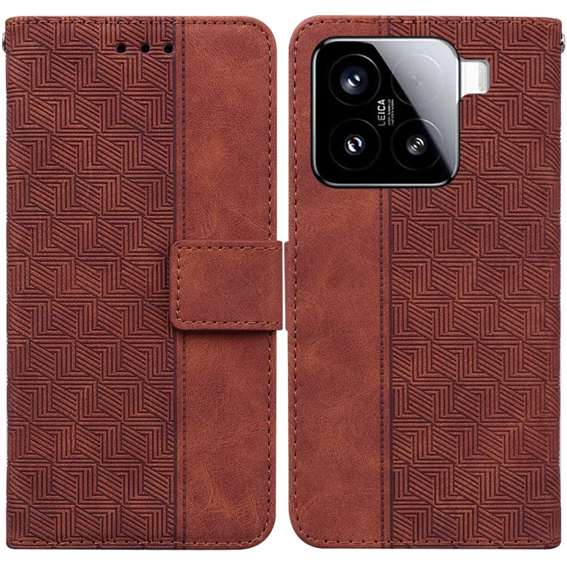 For Xiaomi 15 Case Geometry Pattern Leather Wallet Phone Cover with Wrist Strap - Brown