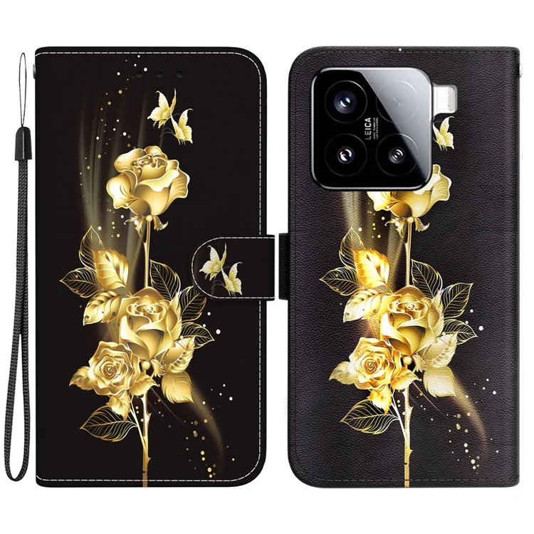 Für Xiaomi 15 Geldbörse Handyhülle Anti-Drop Leder Flip Cover Muster Druck - Gold Schmetterling Rose