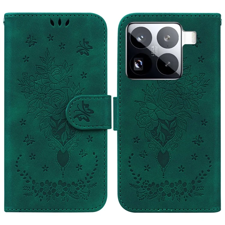 Funda para Xiaomi 15 Pro de piel sintética con tapa tipo cartera y estampado de mariposa y flor - Verde
