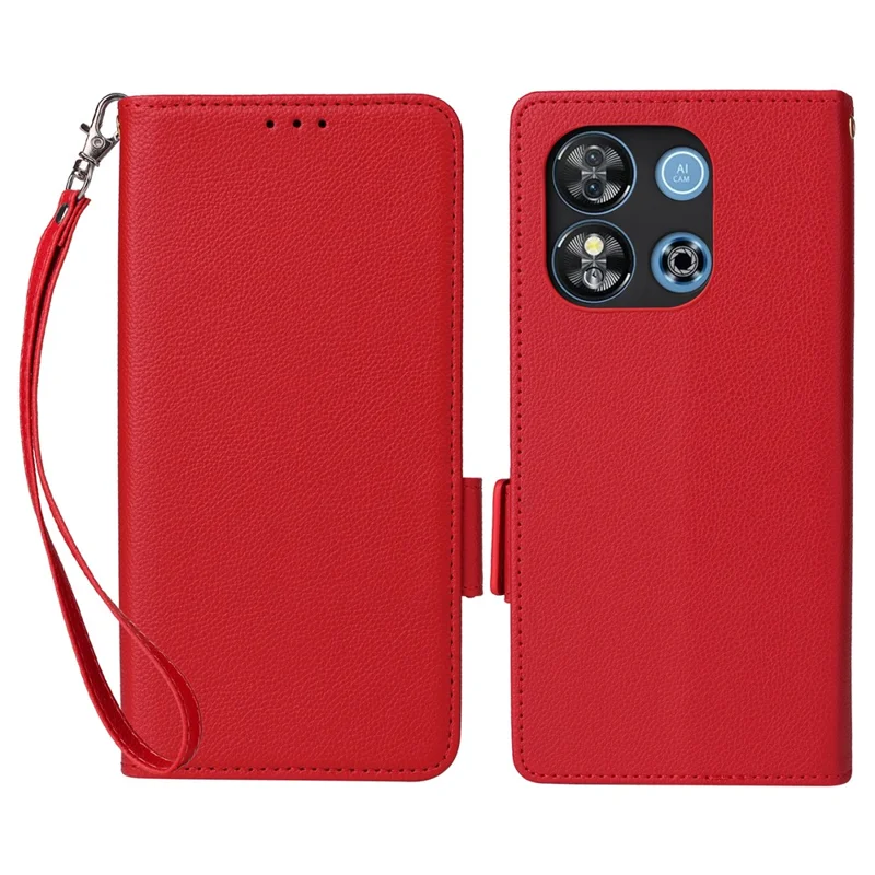 For Oukitel C57 Pro / C57s Case with Wrist Strap Litchi Texture PU Leather Wallet Phone Cover -  Red