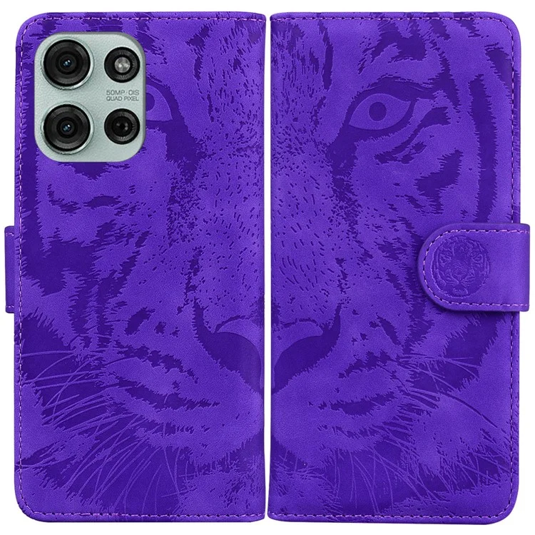 Für Motorola Moto G75 5G Hülle Tiger Prägung Leder Brieftasche Handyhülle - Lila