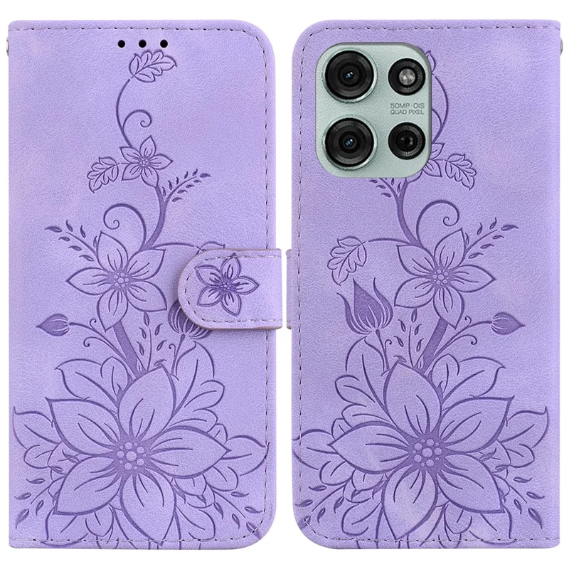 Funda para Motorola Moto G75 5G con estampado de flor de lirio y soporte, de piel - Púrpura