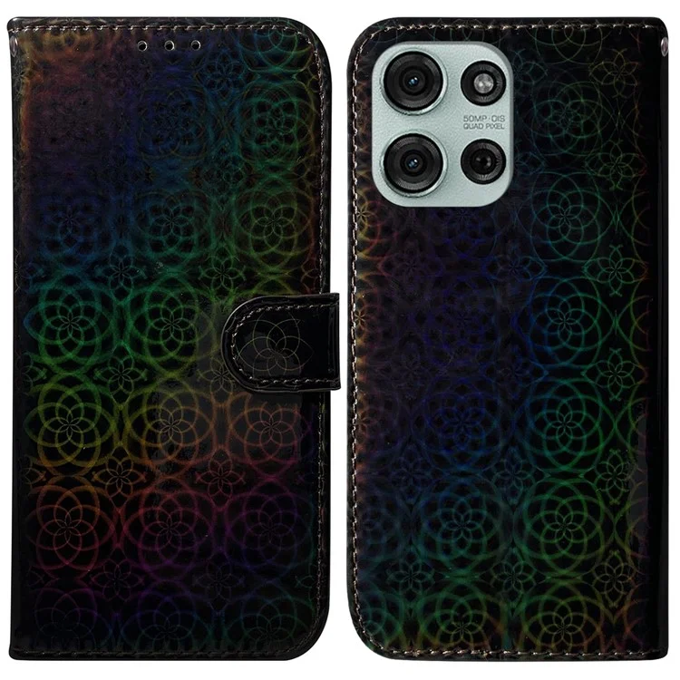 Étui support pour Motorola Moto G75 5G, avec motif floral scintillant, en cuir - Noir