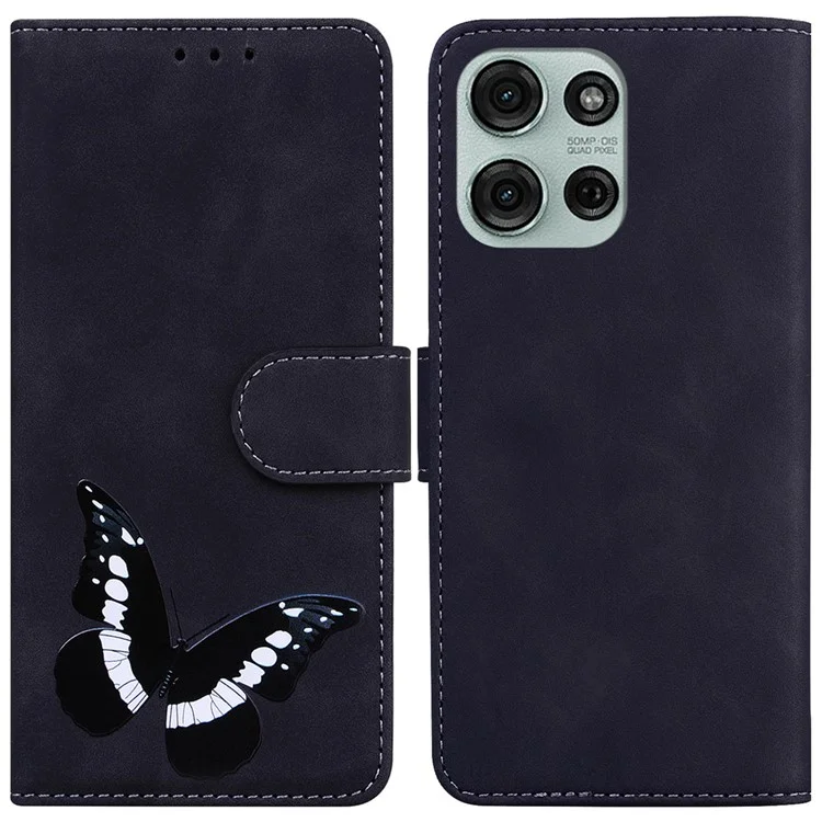 Funda con soporte para Motorola Moto G75 5G de piel sintética con estampado de mariposa - Negro