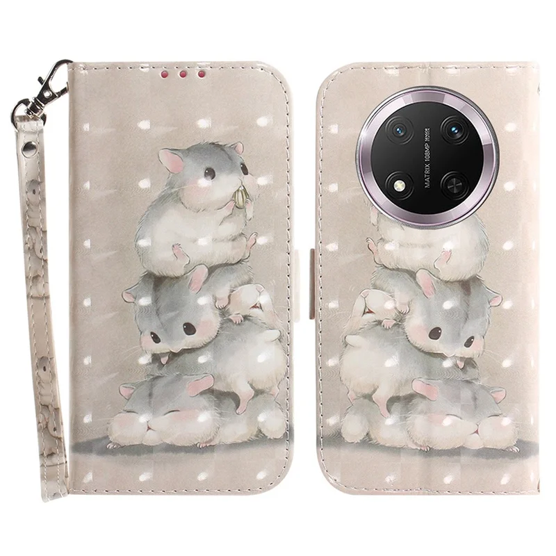 For Honor Magic7 Lite 5G / X9c 5G / X60 Pro 5G Case Pattern Printing Leather Wallet Phone Cover with Wrist Strap - Stacking Squirrels