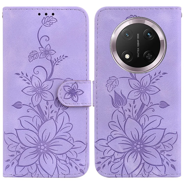 Für Honor X9c 5G-Hülle mit Lilienblumen-Prägung, Leder-Handyhülle mit Ständer - Lila
