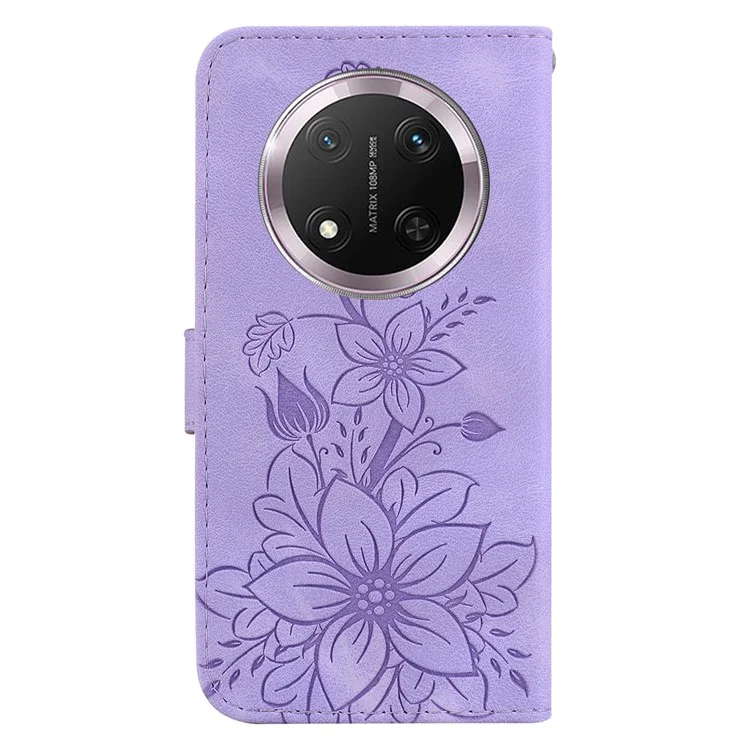 Für Honor X9c 5G-Hülle mit Lilienblumen-Prägung, Leder-Handyhülle mit Ständer - Lila