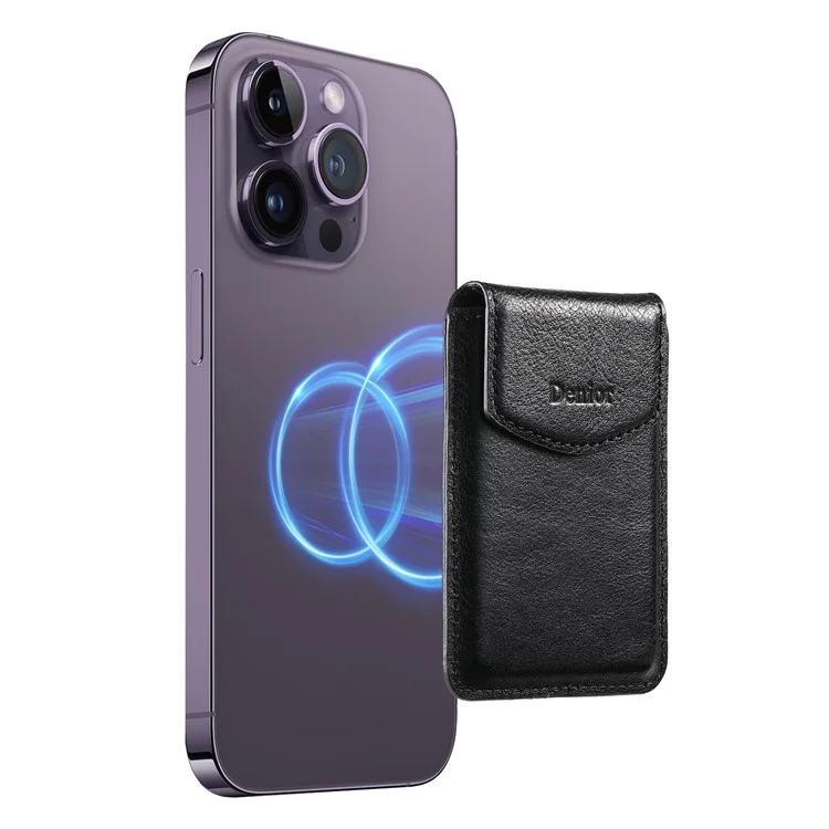 DENIOR V14 Custodia posteriore per telefono in vera pelle bovina con porta carte magnetico - Nero