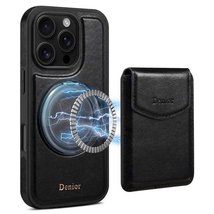 Étui pour iPhone 16 Pro DENIOR D22 avec sac à cartes amovible, support rotatif et couvercle de téléphone en cuir véritable de vache - Noir