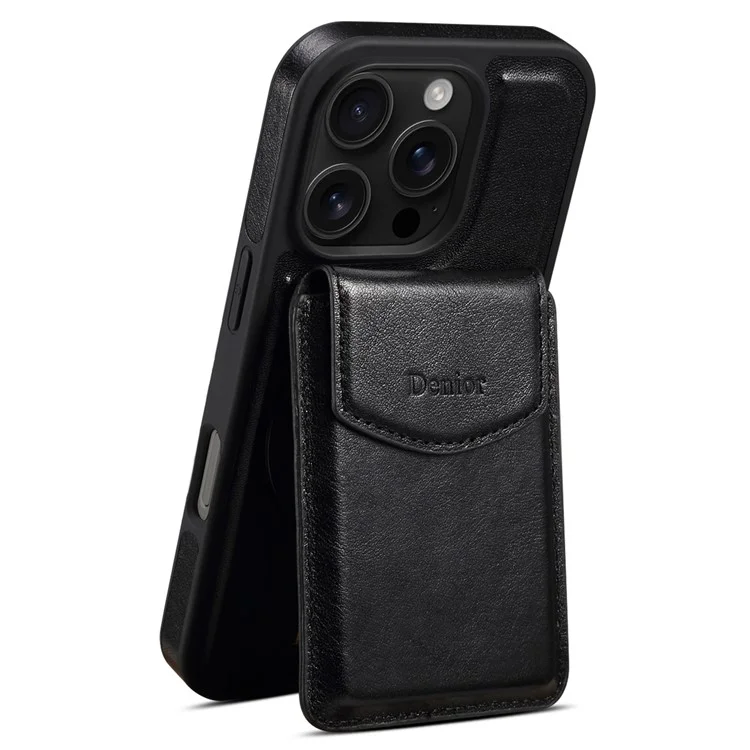 Étui pour iPhone 16 Pro DENIOR D22 avec sac à cartes amovible, support rotatif et couvercle de téléphone en cuir véritable de vache - Noir