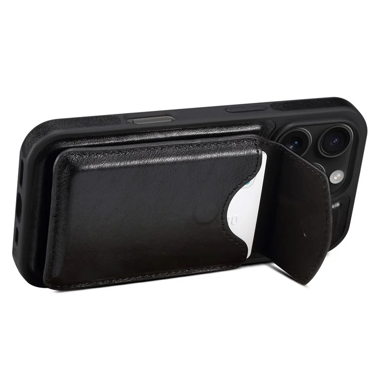 Étui pour iPhone 16 Pro DENIOR D22 avec sac à cartes amovible, support rotatif et couvercle de téléphone en cuir véritable de vache - Noir