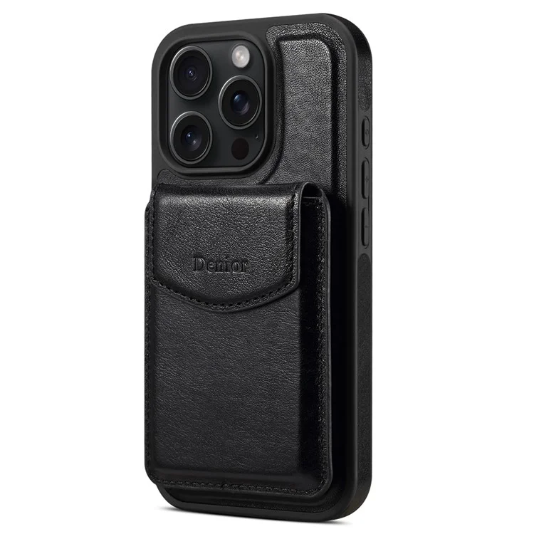 Étui pour iPhone 16 Pro DENIOR D22 avec sac à cartes amovible, support rotatif et couvercle de téléphone en cuir véritable de vache - Noir