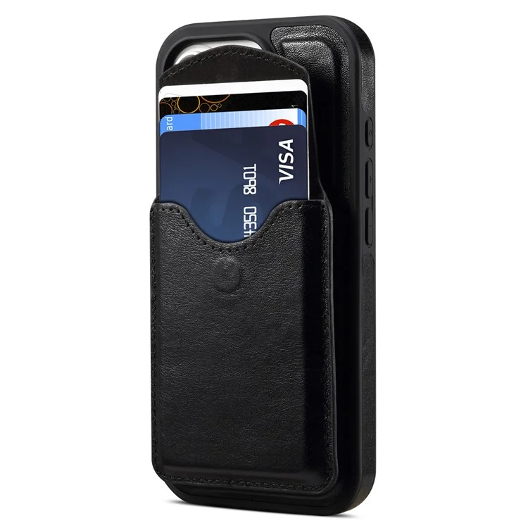 Étui pour iPhone 16 Pro DENIOR D22 avec sac à cartes amovible, support rotatif et couvercle de téléphone en cuir véritable de vache - Noir
