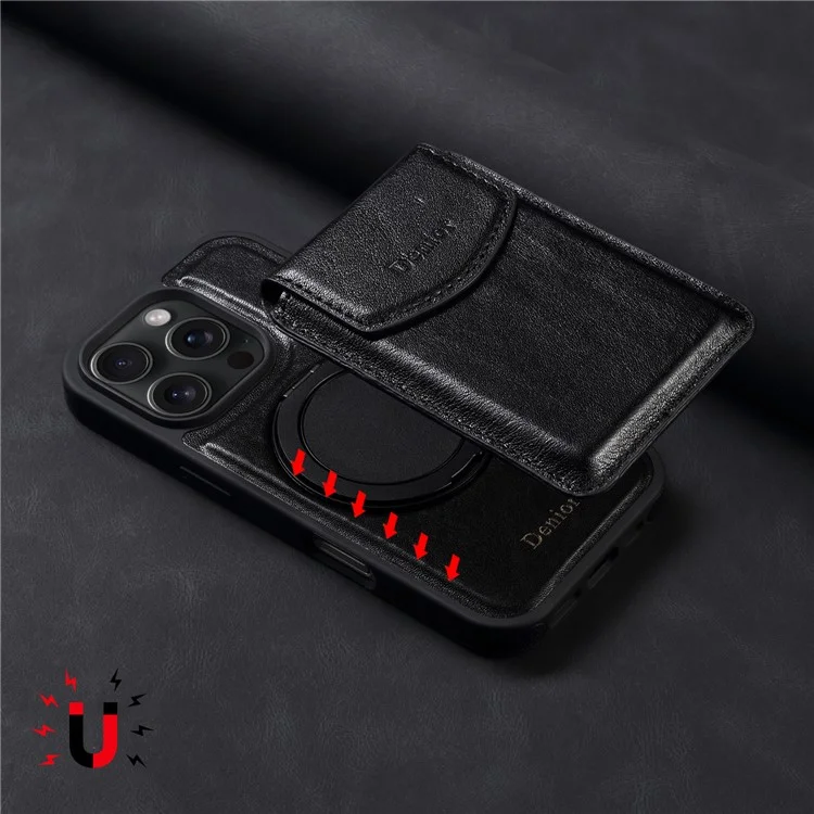 Étui pour iPhone 16 Pro DENIOR D22 avec sac à cartes amovible, support rotatif et couvercle de téléphone en cuir véritable de vache - Noir