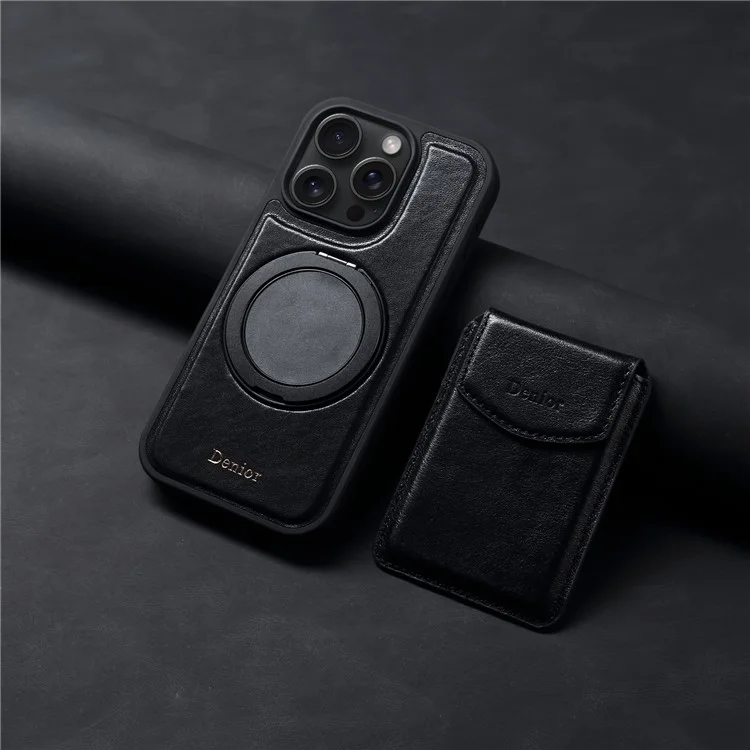 Étui pour iPhone 16 Pro DENIOR D22 avec sac à cartes amovible, support rotatif et couvercle de téléphone en cuir véritable de vache - Noir