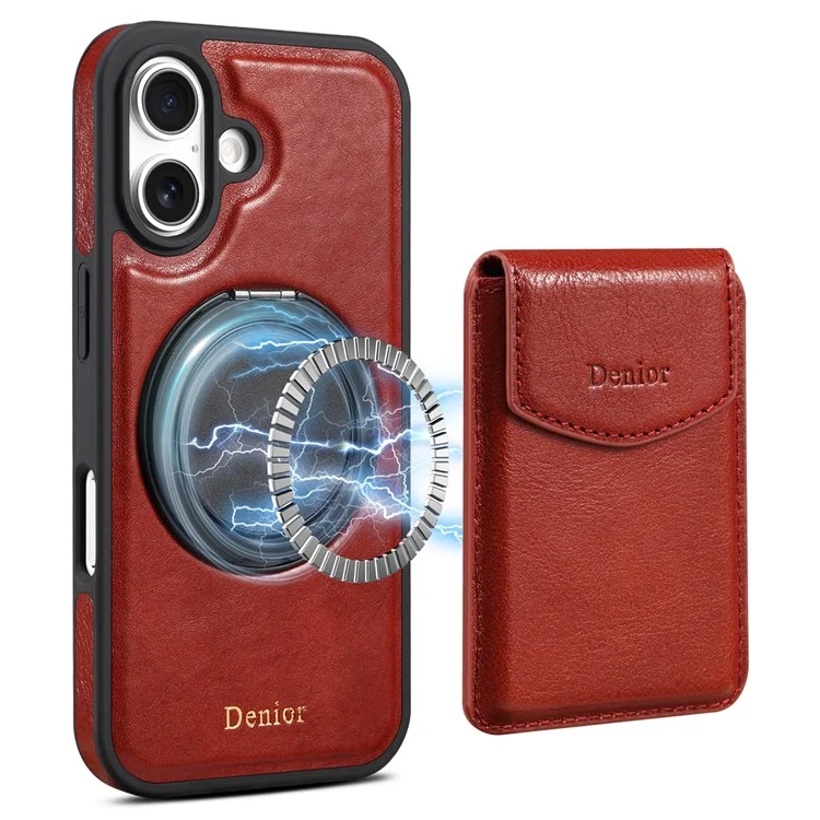 Étui DENIOR D22 pour iPhone 16 Plus, sac à cartes amovible, support rotatif, véritable cuir de vache, housse de téléphone - Rouge