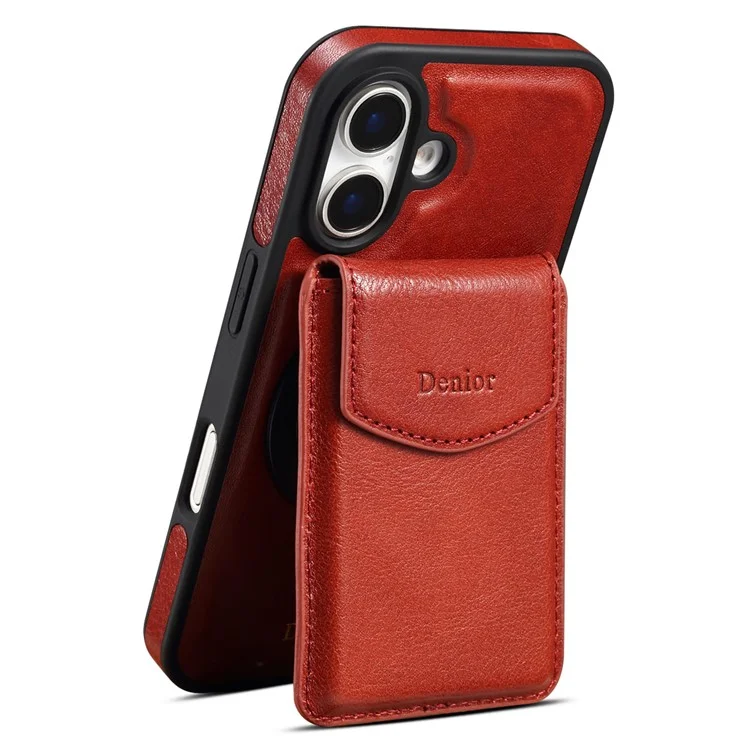 Étui DENIOR D22 pour iPhone 16 Plus, sac à cartes amovible, support rotatif, véritable cuir de vache, housse de téléphone - Rouge
