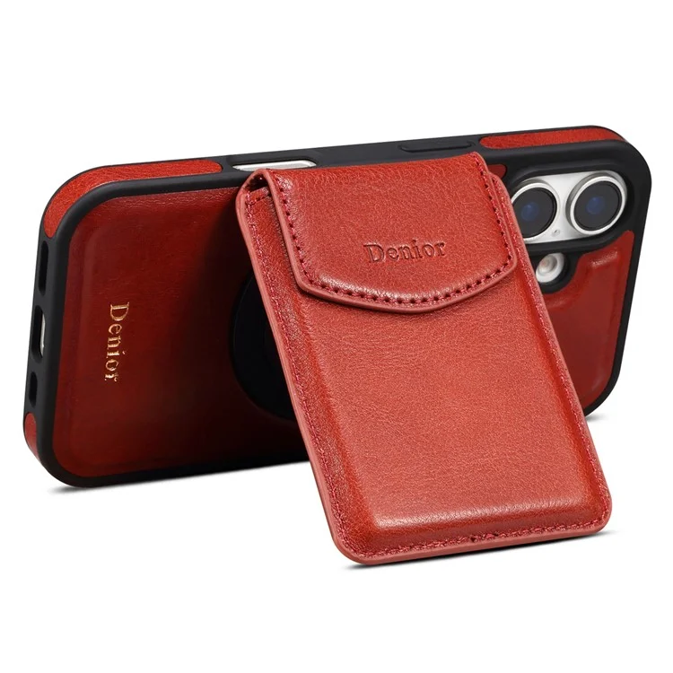 Étui DENIOR D22 pour iPhone 16 Plus, sac à cartes amovible, support rotatif, véritable cuir de vache, housse de téléphone - Rouge