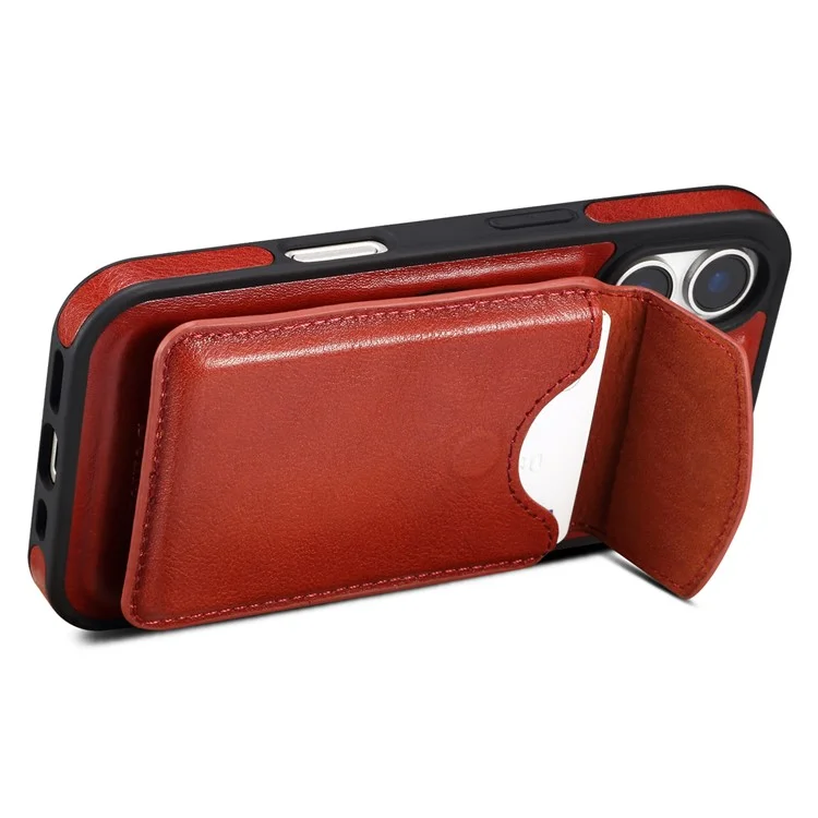 Étui DENIOR D22 pour iPhone 16 Plus, sac à cartes amovible, support rotatif, véritable cuir de vache, housse de téléphone - Rouge