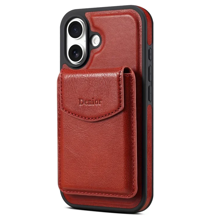 Étui DENIOR D22 pour iPhone 16 Plus, sac à cartes amovible, support rotatif, véritable cuir de vache, housse de téléphone - Rouge
