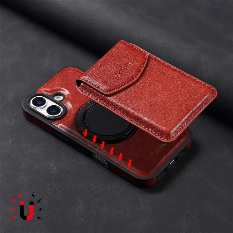 Étui DENIOR D22 pour iPhone 16 Plus, sac à cartes amovible, support rotatif, véritable cuir de vache, housse de téléphone - Rouge