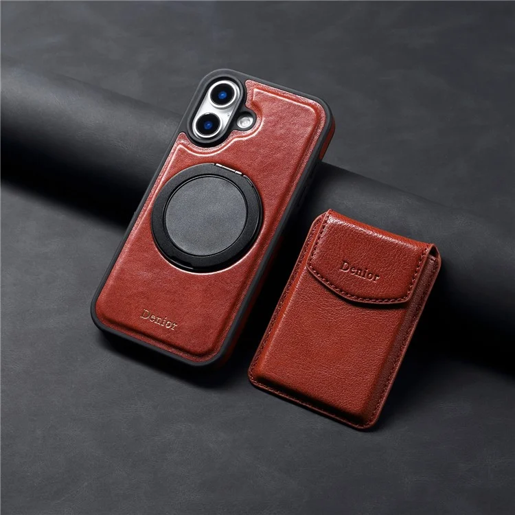 Étui DENIOR D22 pour iPhone 16 Plus, sac à cartes amovible, support rotatif, véritable cuir de vache, housse de téléphone - Rouge